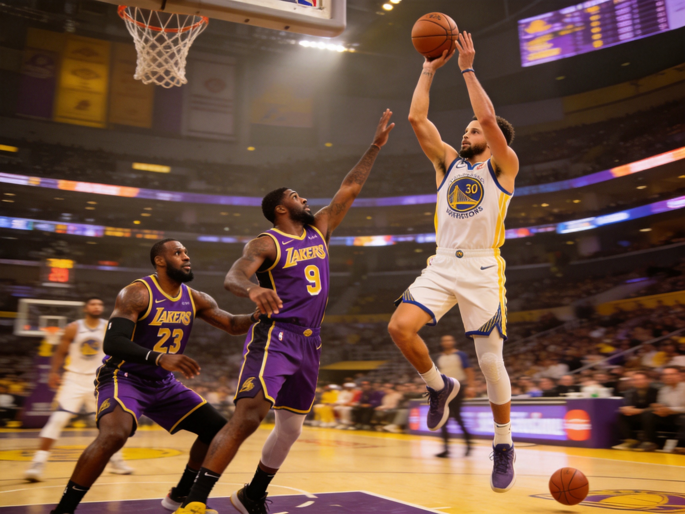 NBA湖人队与勇士队比赛画面，库里三分投篮
